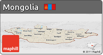 Shaded Relief Panoramic Map of Mongolia, lighten, desaturated