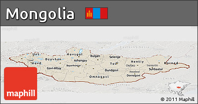 Shaded Relief Panoramic Map of Mongolia, lighten, semi-desaturated