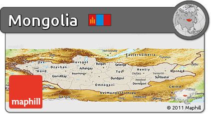 Shaded Relief Panoramic Map of Mongolia, physical outside