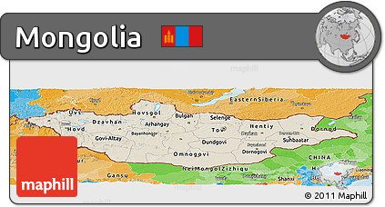 Shaded Relief Panoramic Map of Mongolia, political outside