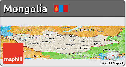 Shaded Relief Panoramic Map of Mongolia, political outside