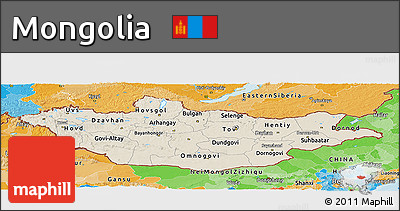 Shaded Relief Panoramic Map of Mongolia, political outside