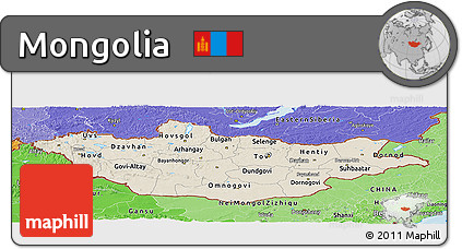 Shaded Relief Panoramic Map of Mongolia, political shades outside