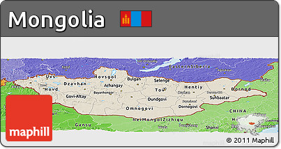 Shaded Relief Panoramic Map of Mongolia, political shades outside
