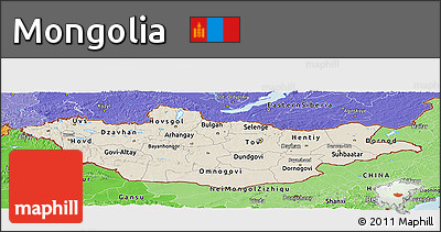 Shaded Relief Panoramic Map of Mongolia, political shades outside