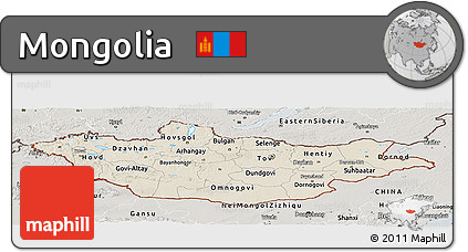 Shaded Relief Panoramic Map of Mongolia, semi-desaturated