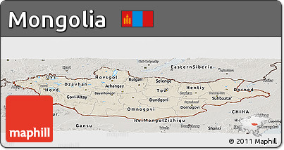 Shaded Relief Panoramic Map of Mongolia, semi-desaturated