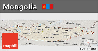 Shaded Relief Panoramic Map of Mongolia, semi-desaturated