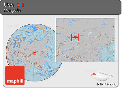 Gray Location Map of Uvs, within the entire country, hill shading