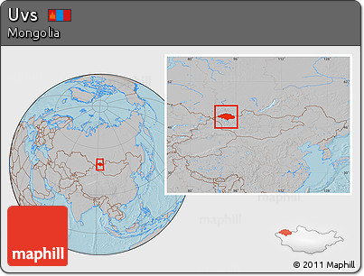 Gray Location Map of Uvs, within the entire country, hill shading