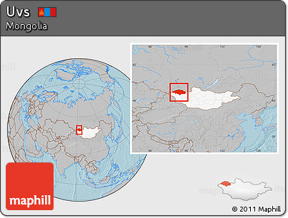 Gray Location Map of Uvs, highlighted country, within the entire country, hill shading