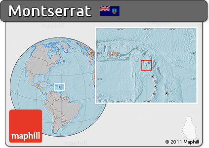 Physical Location Map of Montserrat, gray outside, hill shading