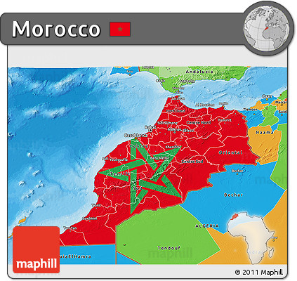 Flag 3D Map of Morocco, political outside, flag aligned to the middle