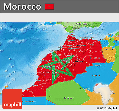 Flag 3D Map of Morocco, political outside, flag aligned to the middle