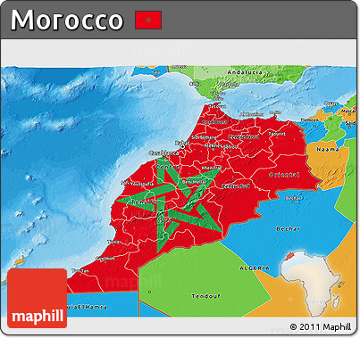 Flag 3D Map of Morocco, political outside, flag aligned to the middle