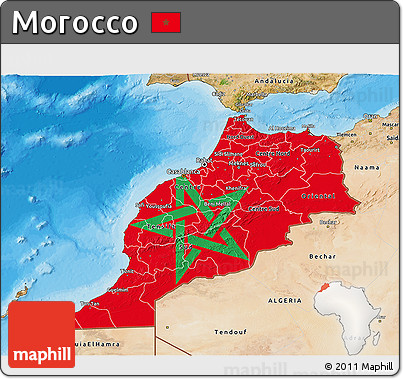 Flag 3D Map of Morocco, satellite outside, bathymetry sea, flag aligned to the middle