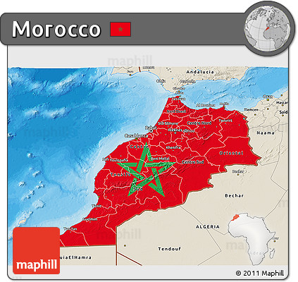 Flag 3D Map of Morocco, shaded relief outside, bathymetry sea, flag centered
