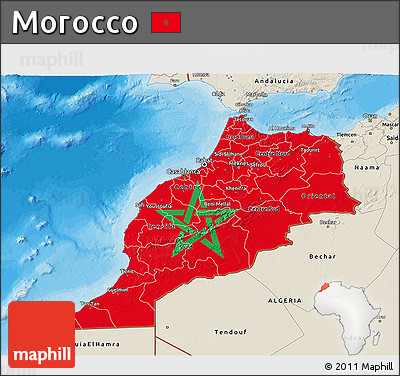 Flag 3D Map of Morocco, shaded relief outside, bathymetry sea, flag centered