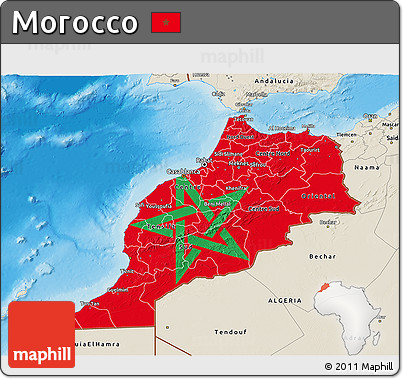 Flag 3D Map of Morocco, shaded relief outside, flag aligned to the middle