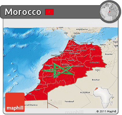 Flag 3D Map of Morocco, shaded relief outside, flag rotated