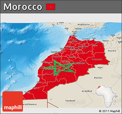 Flag 3D Map of Morocco, shaded relief outside, flag rotated