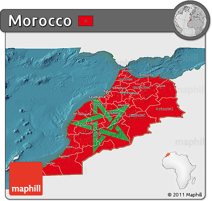 Flag 3D Map of Morocco, single color outside, satellite sea, flag aligned to the middle
