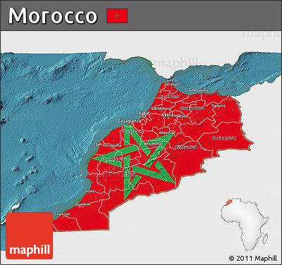 Flag 3D Map of Morocco, single color outside, satellite sea, flag aligned to the middle