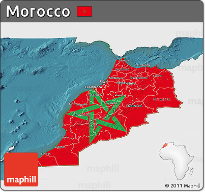 Flag 3D Map of Morocco, single color outside, satellite sea, flag aligned to the middle