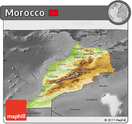 Physical 3D Map of Morocco, darken, desaturated