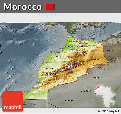 Physical 3D Map of Morocco, darken, semi-desaturated