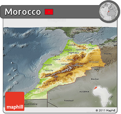 Physical 3D Map of Morocco, darken, semi-desaturated