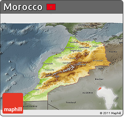 Physical 3D Map of Morocco, darken, semi-desaturated