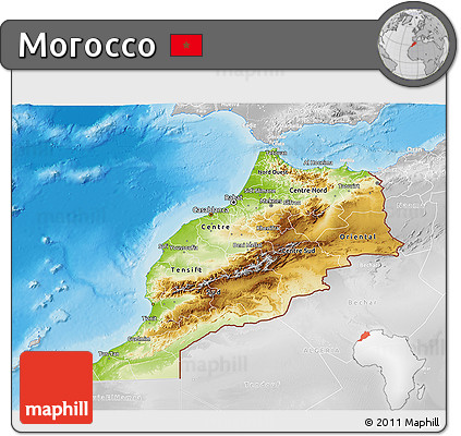Physical 3D Map of Morocco, lighten, desaturated, land only