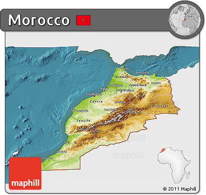 Physical 3D Map of Morocco, single color outside, satellite sea