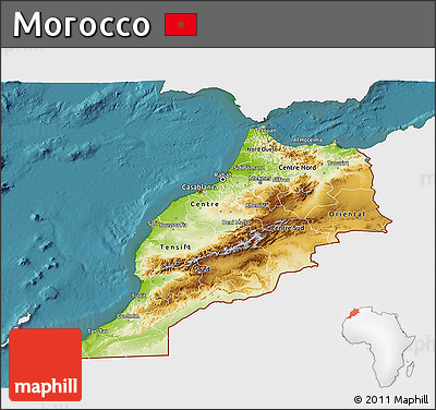 Physical 3D Map of Morocco, single color outside, satellite sea