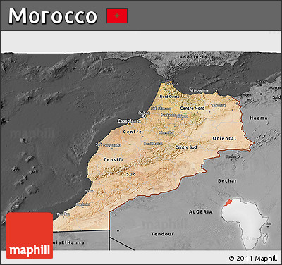 Satellite 3D Map of Morocco, darken, desaturated