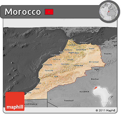 Satellite 3D Map of Morocco, darken, desaturated