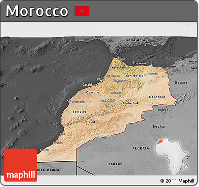 Satellite 3D Map of Morocco, darken, desaturated