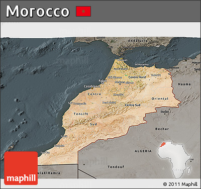 Satellite 3D Map of Morocco, darken, semi-desaturated