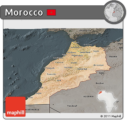 Satellite 3D Map of Morocco, darken, semi-desaturated