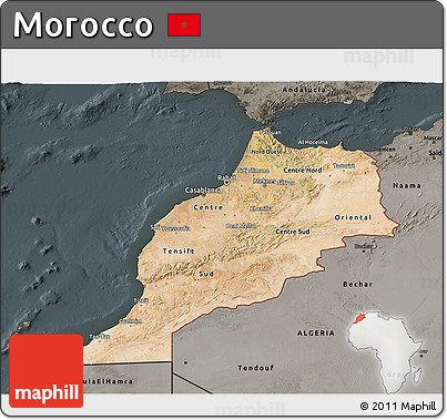 Satellite 3D Map of Morocco, darken, semi-desaturated