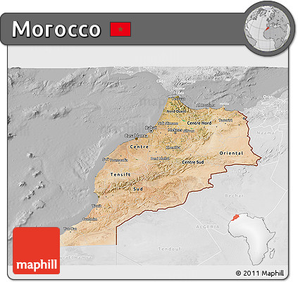 Satellite 3D Map of Morocco, lighten, desaturated
