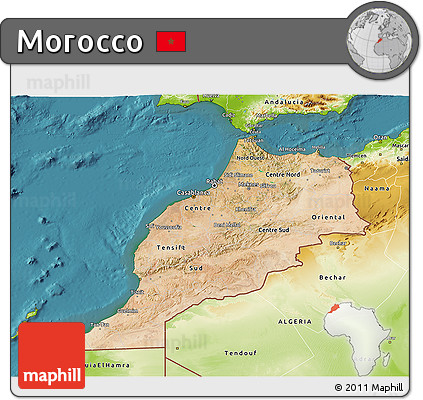 Satellite 3D Map of Morocco, physical outside, satellite sea