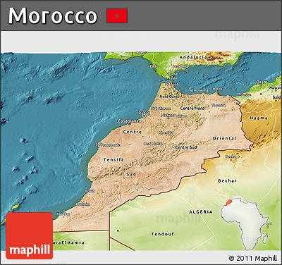 Satellite 3D Map of Morocco, physical outside, satellite sea