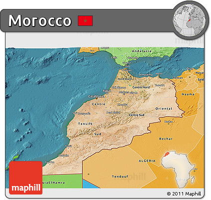 Satellite 3D Map of Morocco, political shades outside, satellite sea