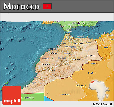 Satellite 3D Map of Morocco, political shades outside, satellite sea