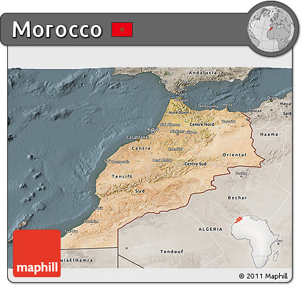 Satellite 3D Map of Morocco, semi-desaturated