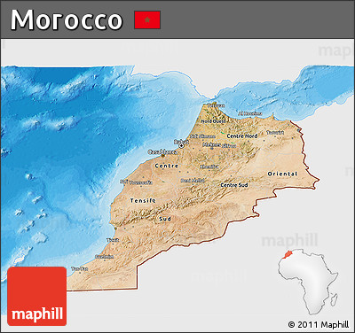 Satellite 3D Map of Morocco, single color outside, bathymetry sea, shaded relief sea