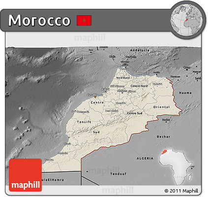 Shaded Relief 3D Map of Morocco, darken, desaturated