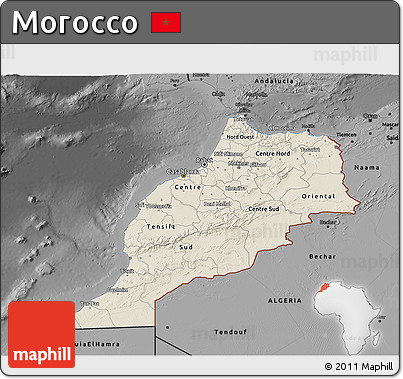 Shaded Relief 3D Map of Morocco, darken, desaturated